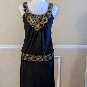 Elegant Black & Gold Beaded Cocktail Mini Dress LBD